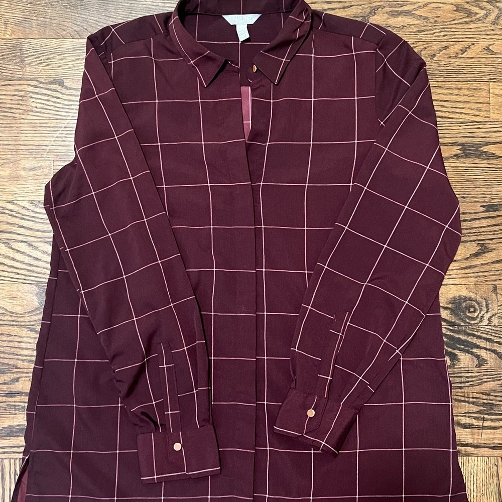 Ellen Tracy Collection Burgundy Windowpane Check Button Down Shirt